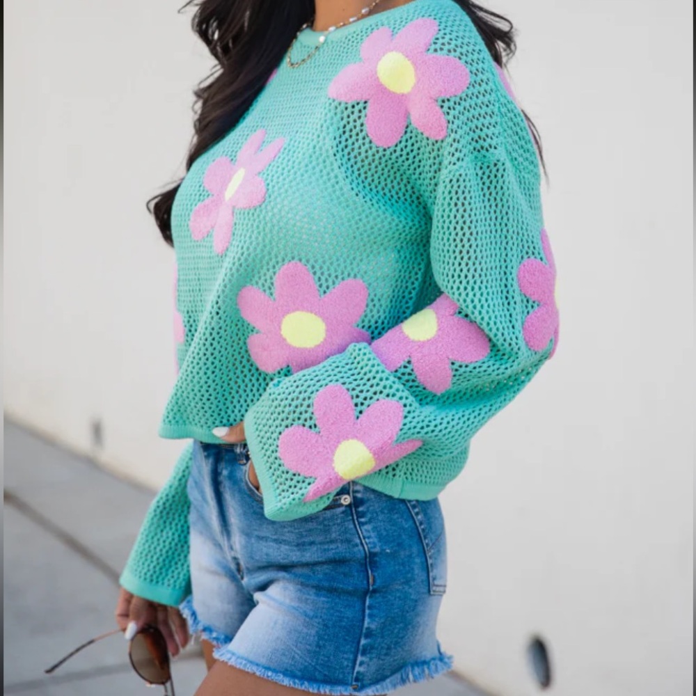 Floral Mesh Sweater in Teal and Pink - Picture 4 of 5